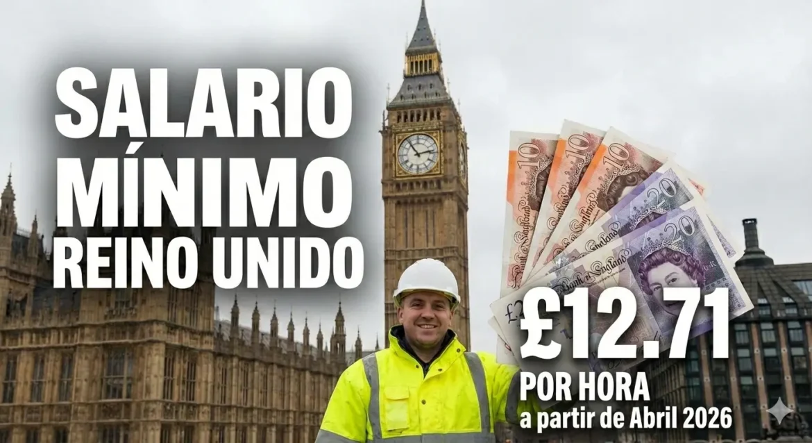 Salario Minimo Reino Unido £12.71 por hora desde abril de 2026 para trabajadores en Londres y otras ciudades del Reino Unido.